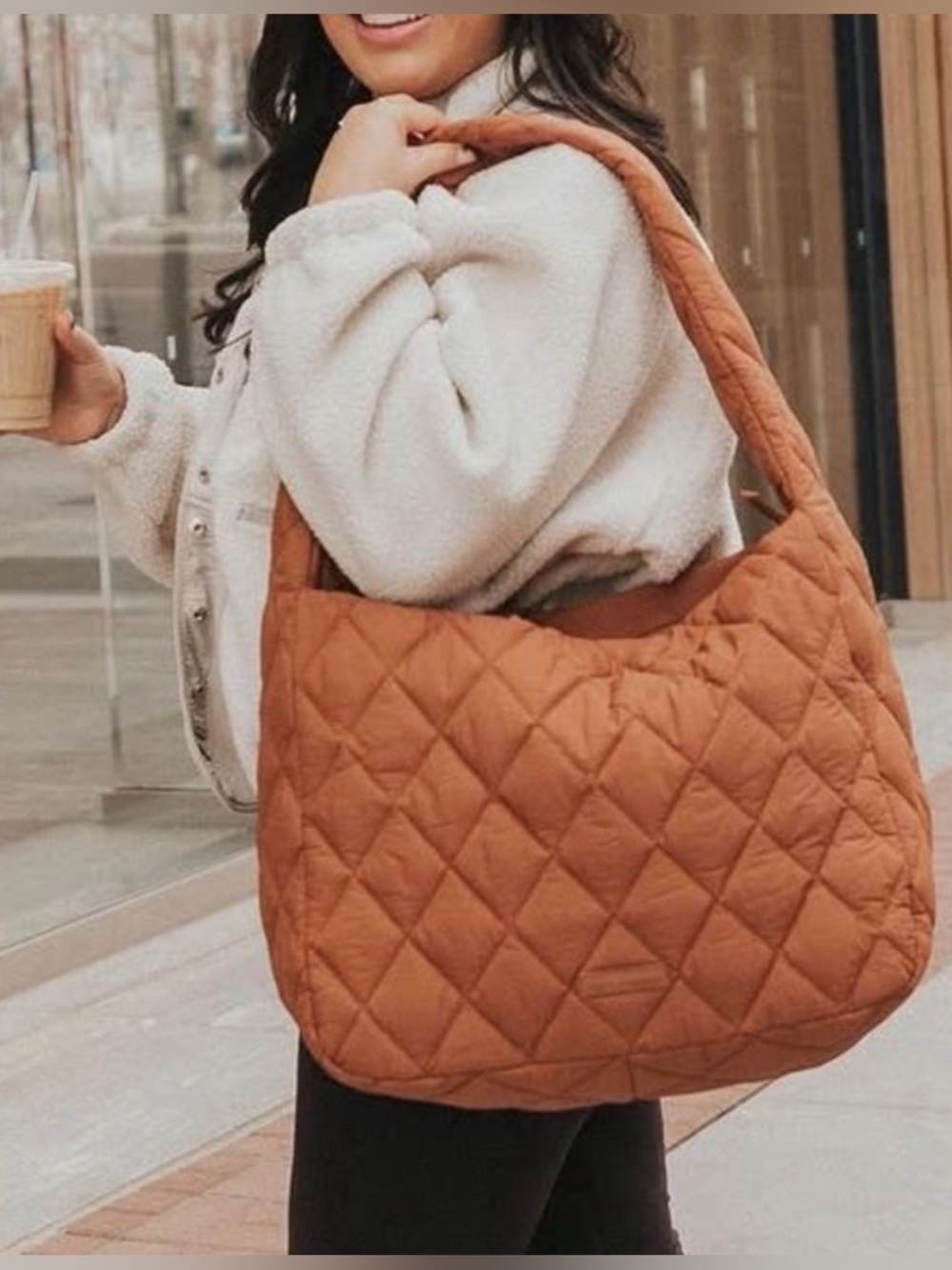Poppy & Peonies Cognac Brown Quilted Haul It Everyday/Weekender Hobo Bag.